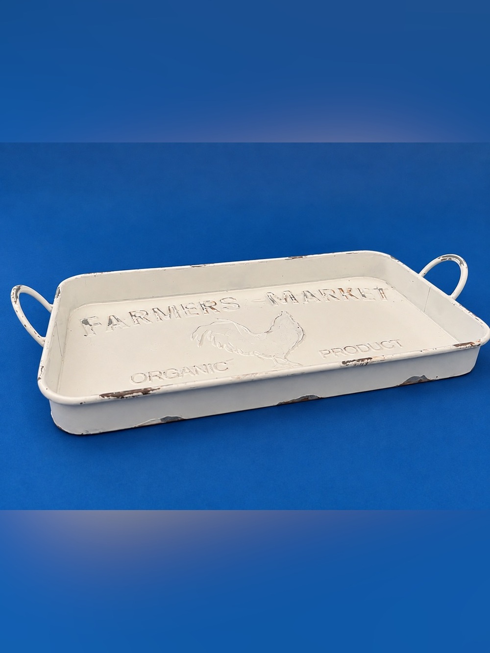 Farmers Market Rooster Metal Serving Tray – Rustic Farmhouse Handles
